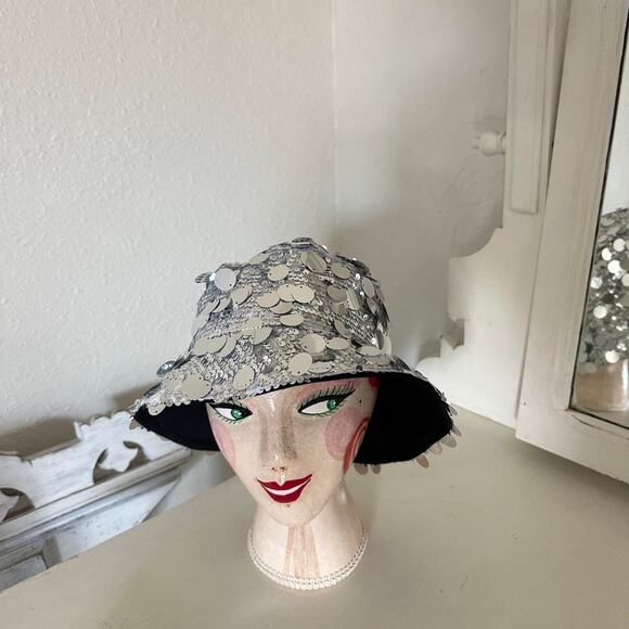Silver Sequin Floral Bucket Hat Black Brim Statement Party Glam Festival Disco - Picture 1 of 2